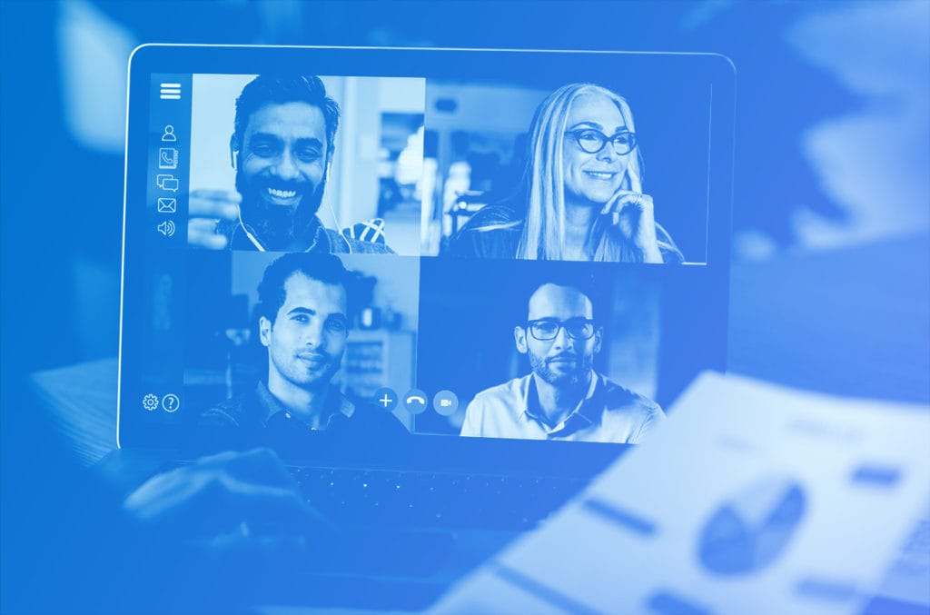 iPad with screen displaying 4 industry disruptors on a video conference